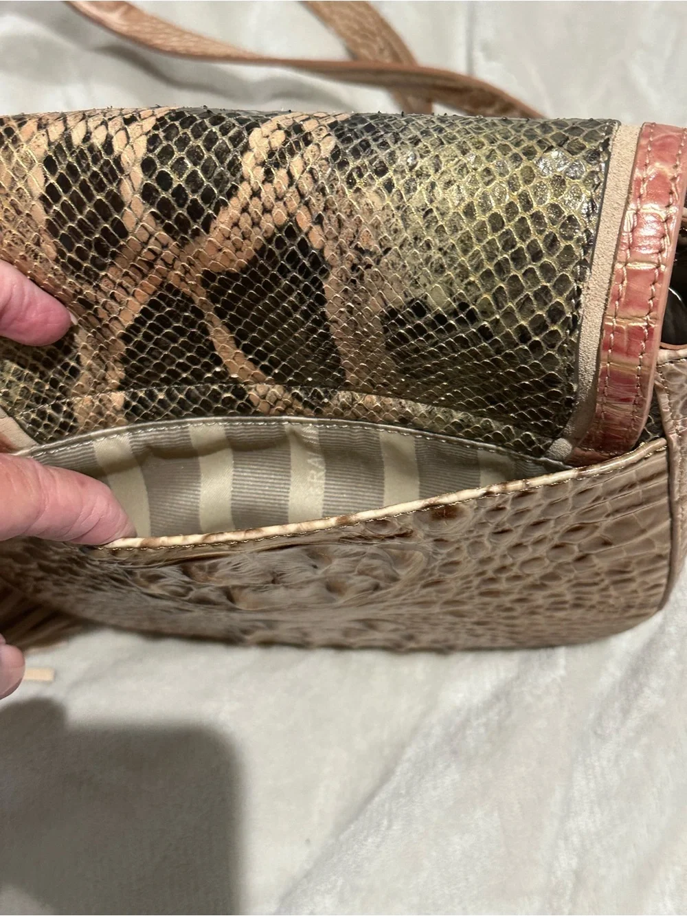 Brahmin Taupe Croc-Textured Crossbody with Snakeskin Flap